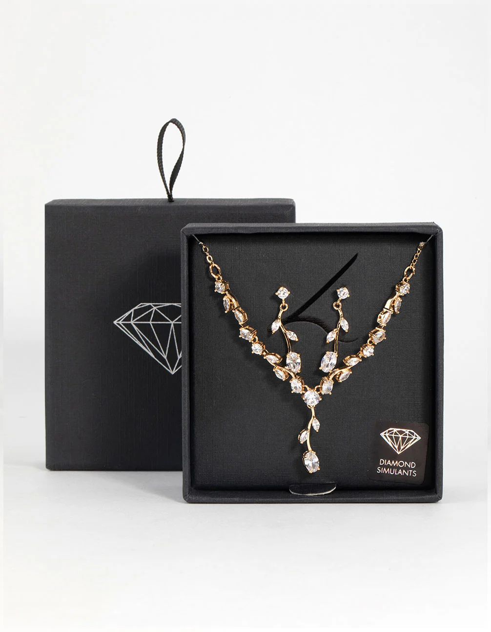 Gold Cubic Zirconia Flower Vine Necklace & Drop Earrings Set
