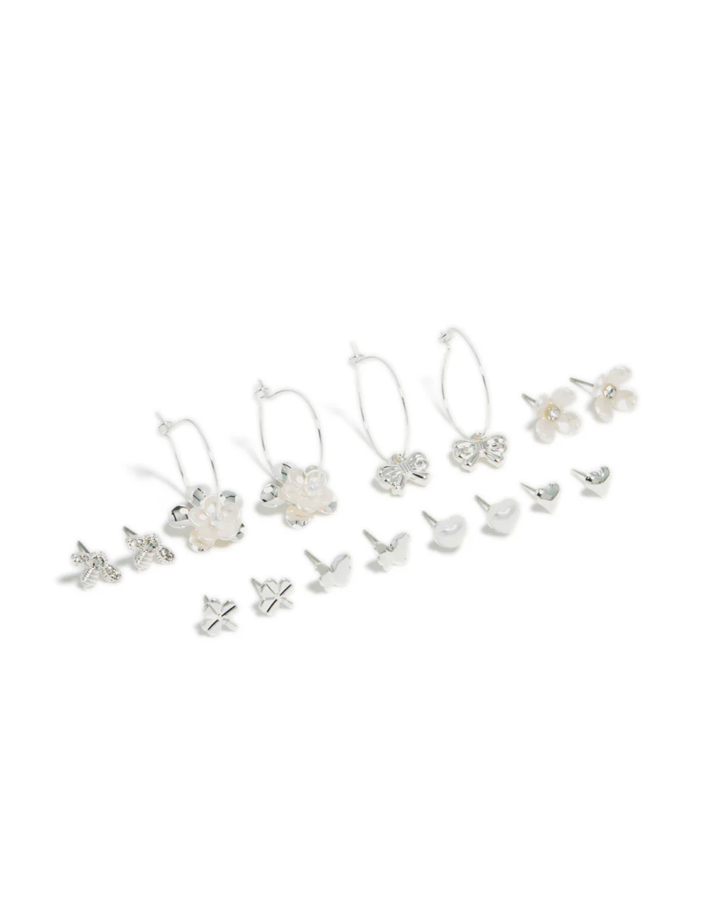 Silver Bee & Pearlised Flower Earrings 8-Pack