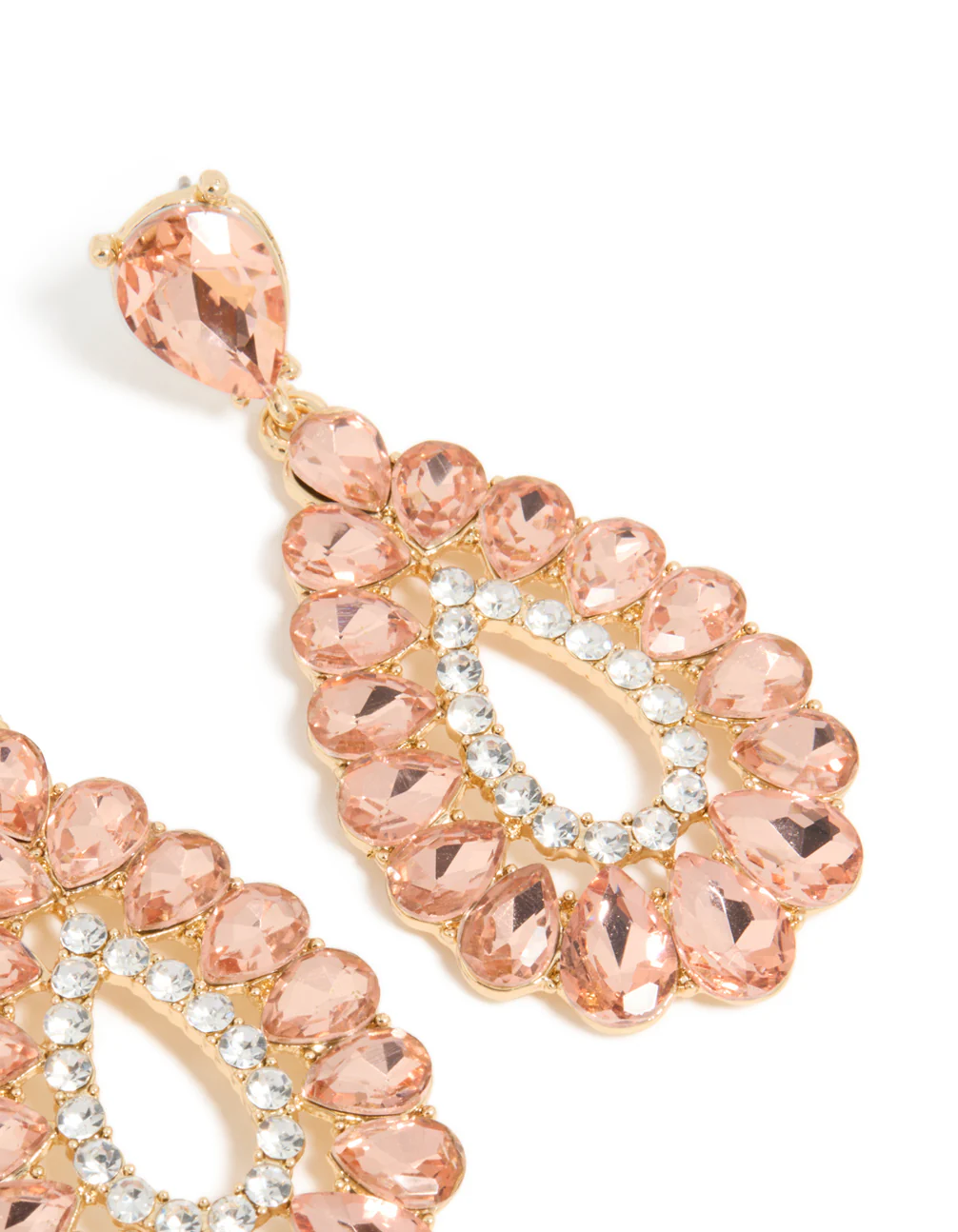 Gold Pink & Clear Diamante Elegant Pear Drop Earrings