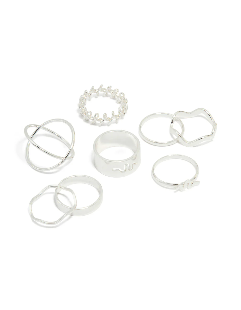 Silver Snake & Wavy Rings 8-Pack
