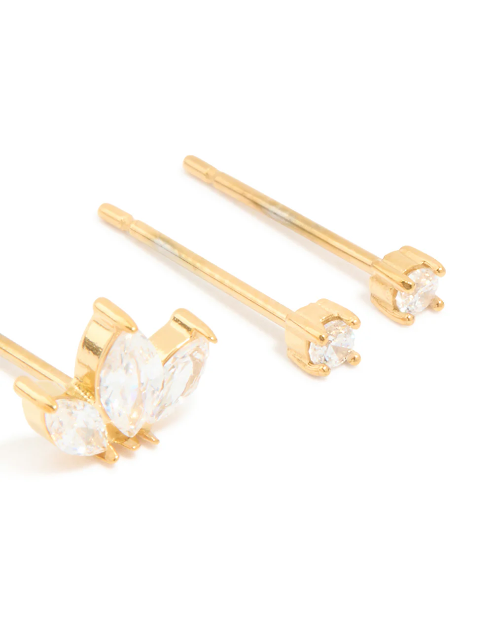 Waterproof Gold Plated Stainless Steel Cubic Zirconia Mixed Shaped Stud Earrings 3-Pack