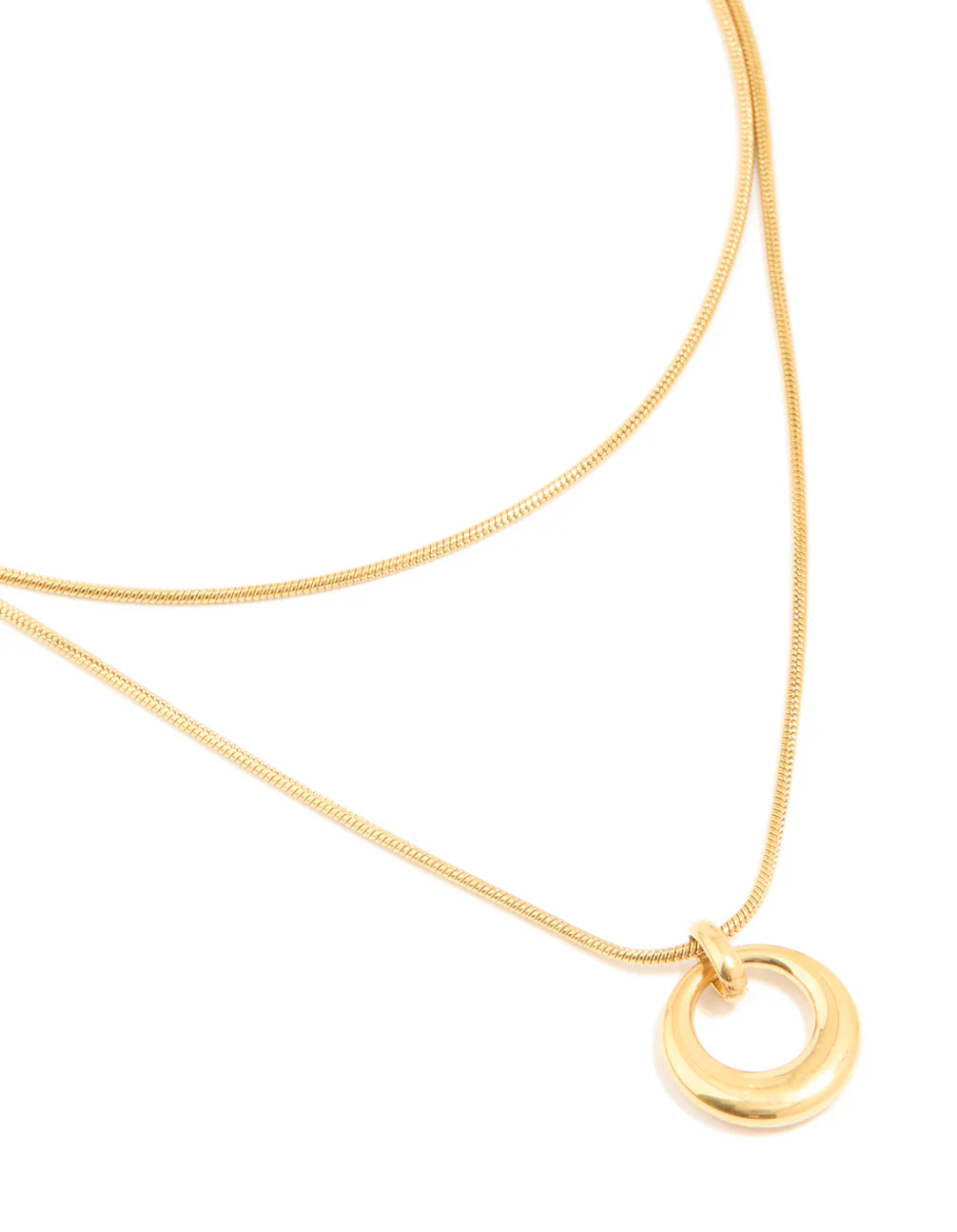 1218-waterproof-gold-plated-stainless-steel-snake-chain-open-circle-pendant-layered-necklace-1.webp Waterproof Gold Plated Stainless Steel Snake Chain & Open Circle Pendant Layered Necklace