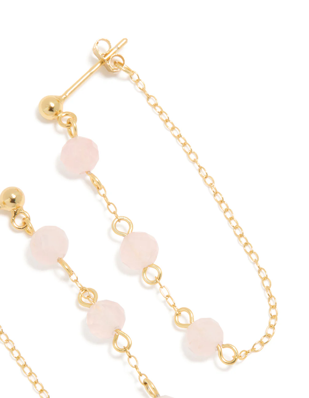 Gold Plated Sterling Silver Pink Rose Quartz Semi Precious Stone Long Drop Earrings