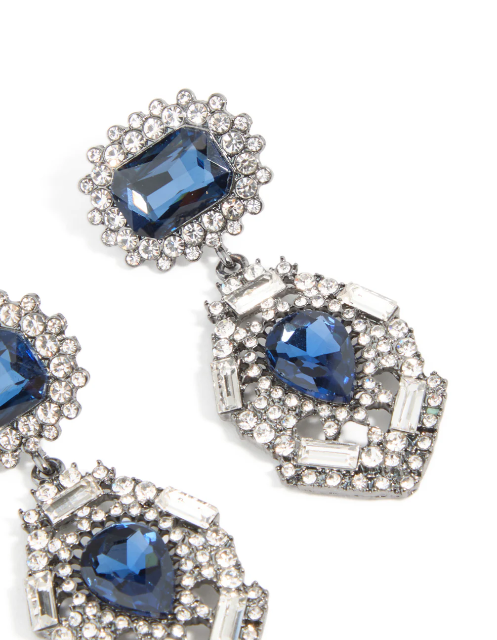 Silver Gunmetal Blue Diamante Pear Drop Earrings