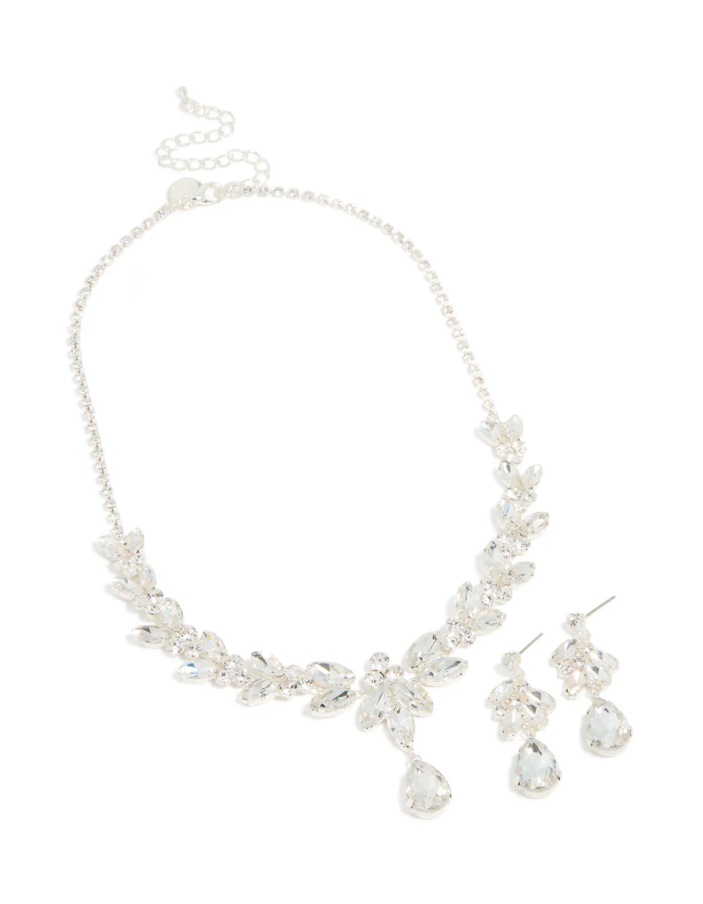 Silver Diamante Shiny Floral Necklace & Drop Earrings Set