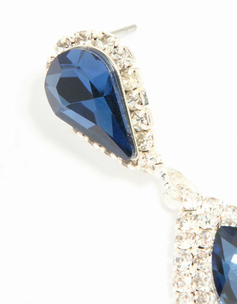Silver Blue Diamante Double Pear Drop Earrings