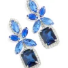 Silver Blue Diamante Square Flower Drop Earrings