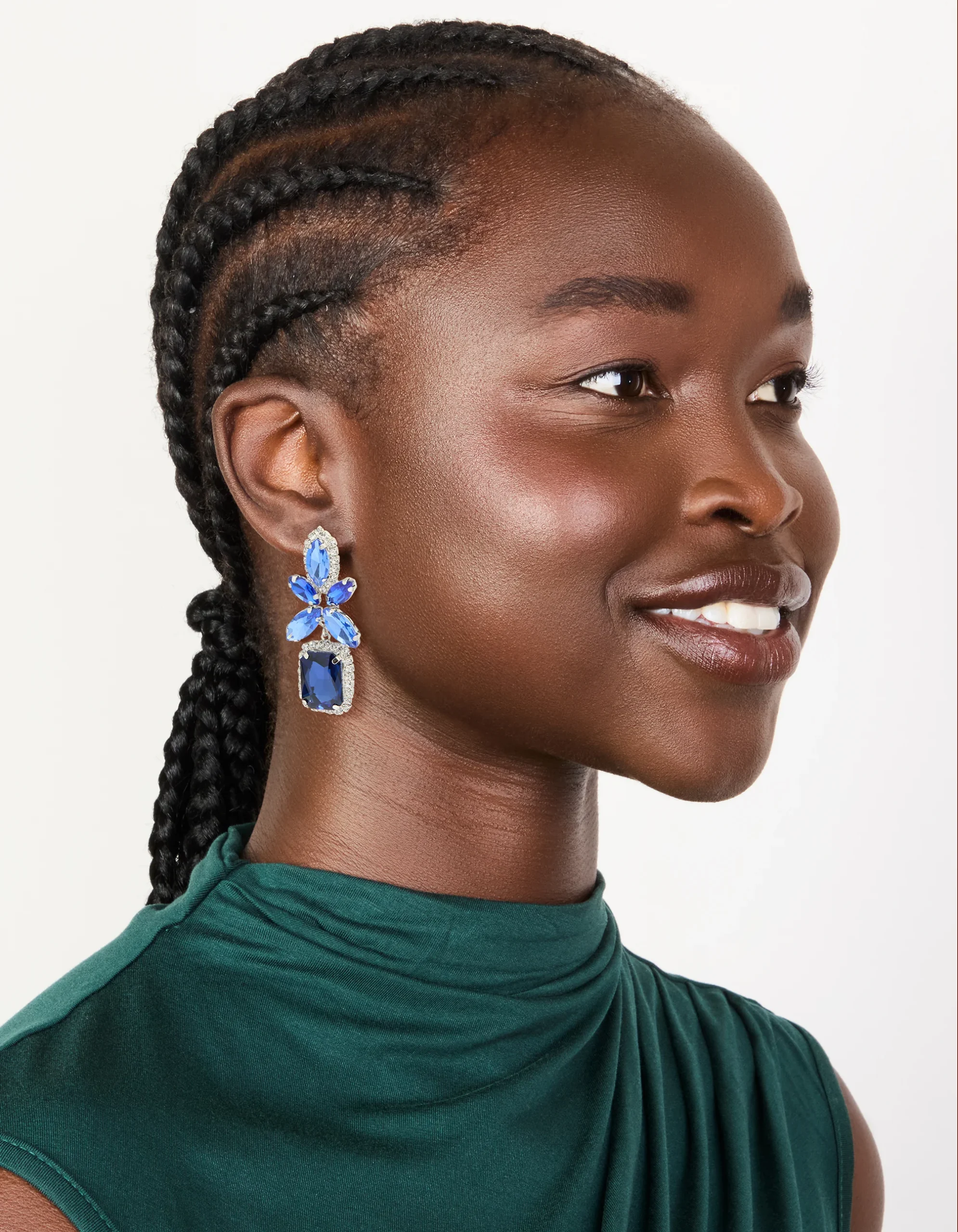 Silver Blue Diamante Square Flower Drop Earrings