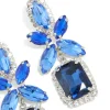 Silver Blue Diamante Square Flower Drop Earrings
