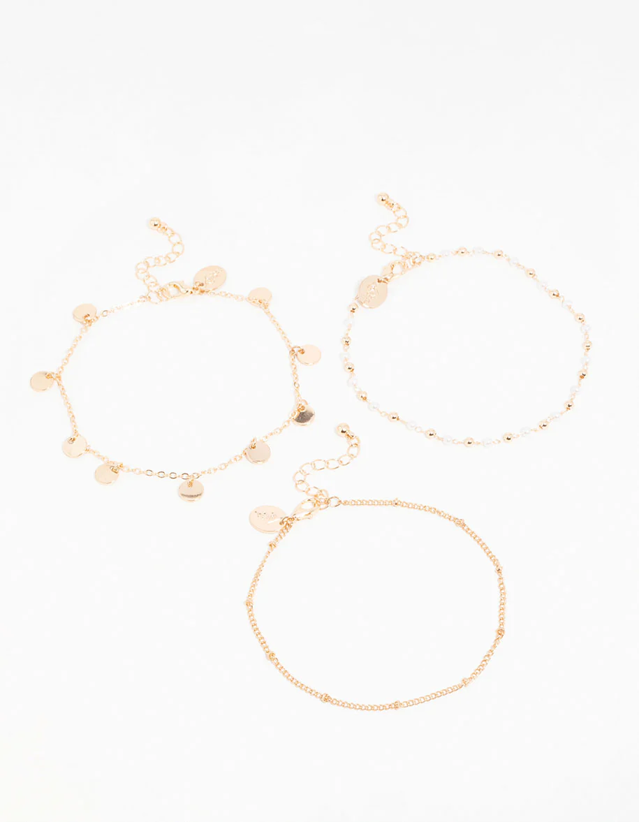 Gold Pearl Disc & Twisted Anklets 3-Pack