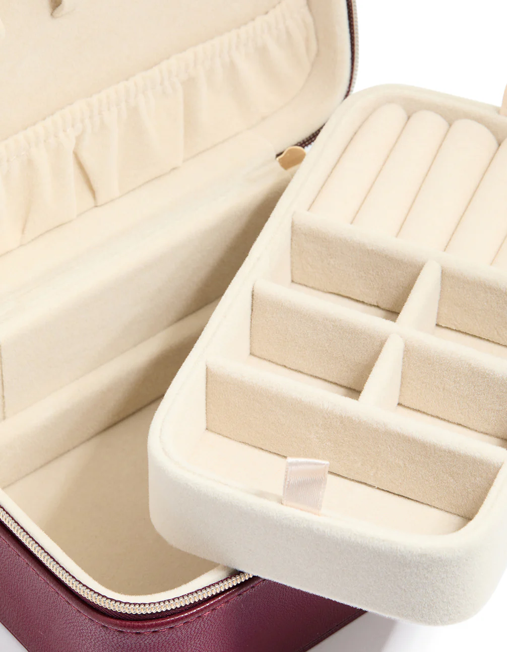 1358-burgundy-pu-leather-rectangular-layered-jewellery-box-2.webp Burgundy PU Leather Rectangular Layered Jewellery Box