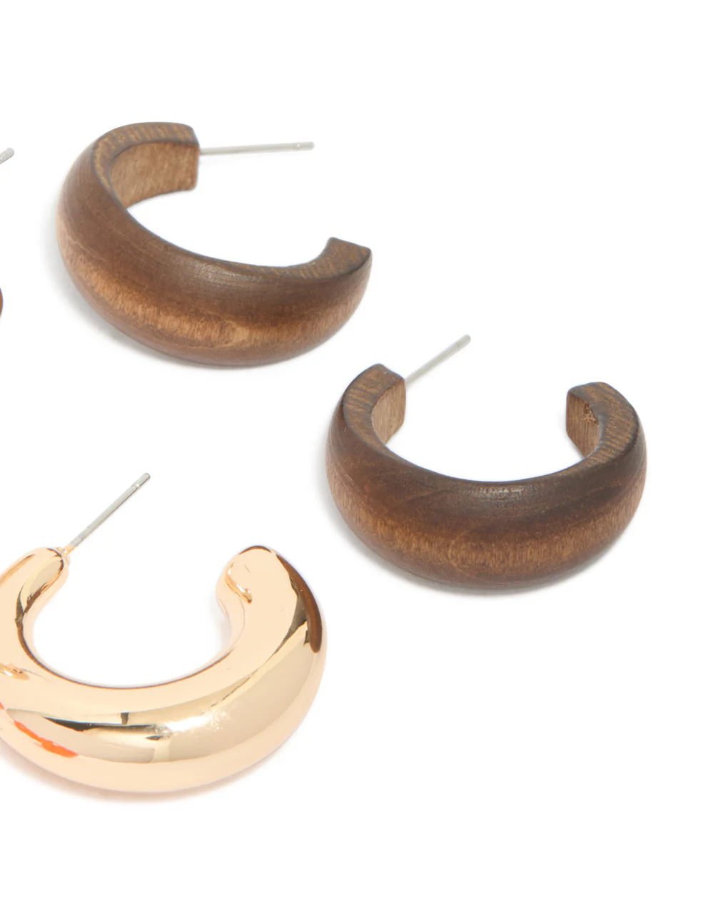 Gold Orange Acrylic & Wood Hoop Earrings 3-Pack