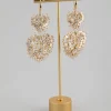 18ct Gold Plated Brass Cubic Zirconia Double Heart Drop Earrings