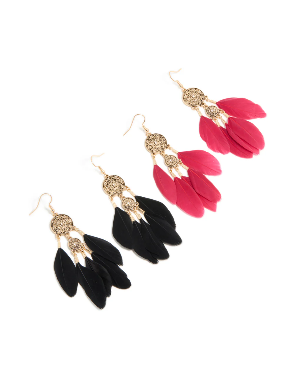 156-antique-gold-black-pink-boho-feather-drop-earrings-pack-2.webp Antique Gold Black & Pink Boho Feather Drop Earrings Pack
