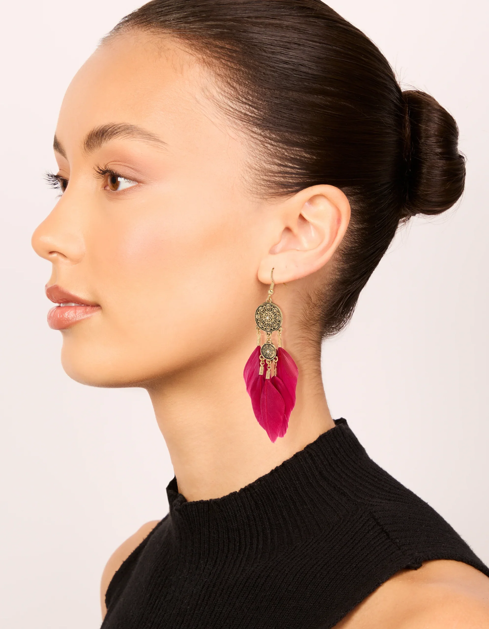 Antique Gold Black & Pink Boho Feather Drop Earrings Pack