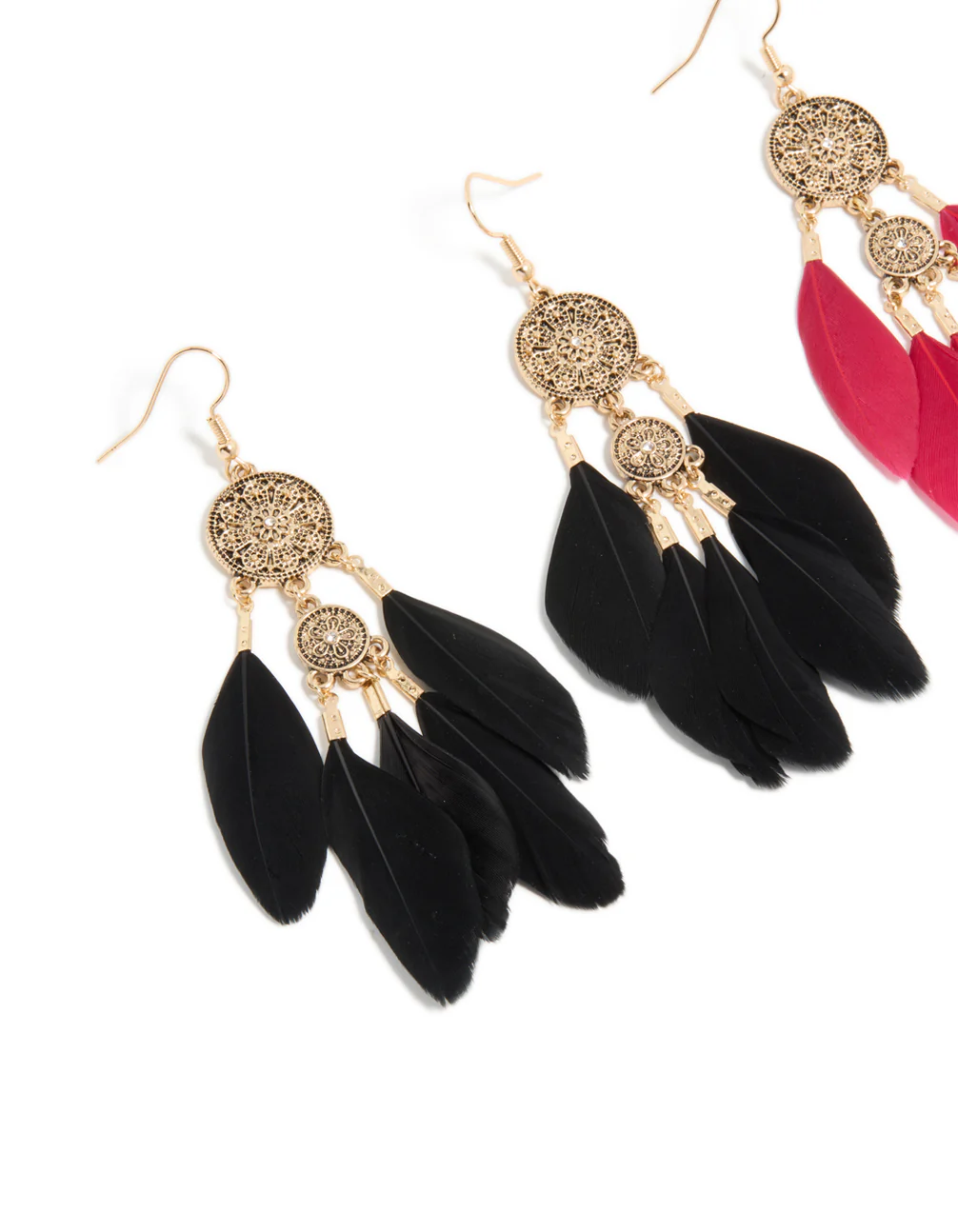 156-antique-gold-black-pink-boho-feather-drop-earrings-pack-4.webp Antique Gold Black & Pink Boho Feather Drop Earrings Pack