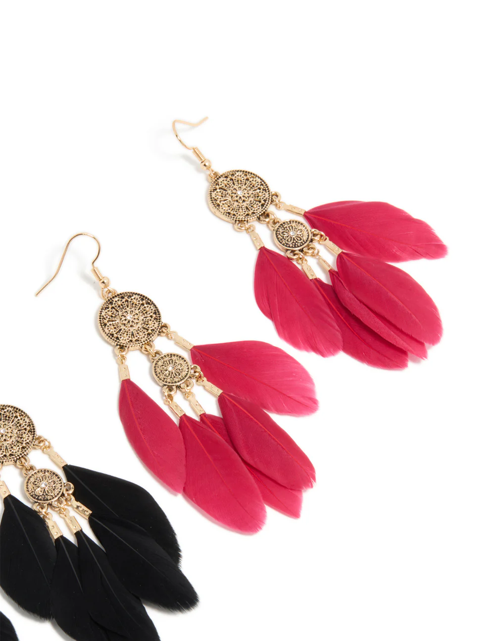 156-antique-gold-black-pink-boho-feather-drop-earrings-pack-5.webp Antique Gold Black & Pink Boho Feather Drop Earrings Pack