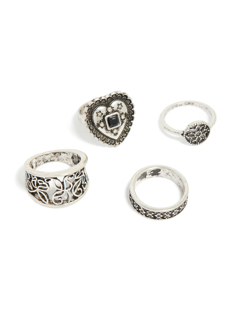 Antique Silver  Heart & Textured Rings 4-Pack