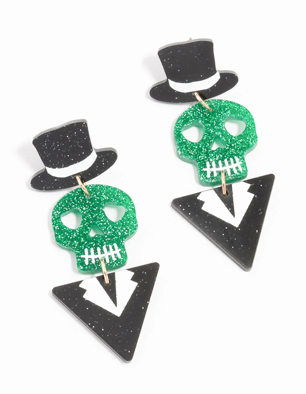 1646-acrylic-black-green-glitter-skull-suit-drop-earrings-1.webp Acrylic Black & Green Glitter Skull Suit Drop Earrings