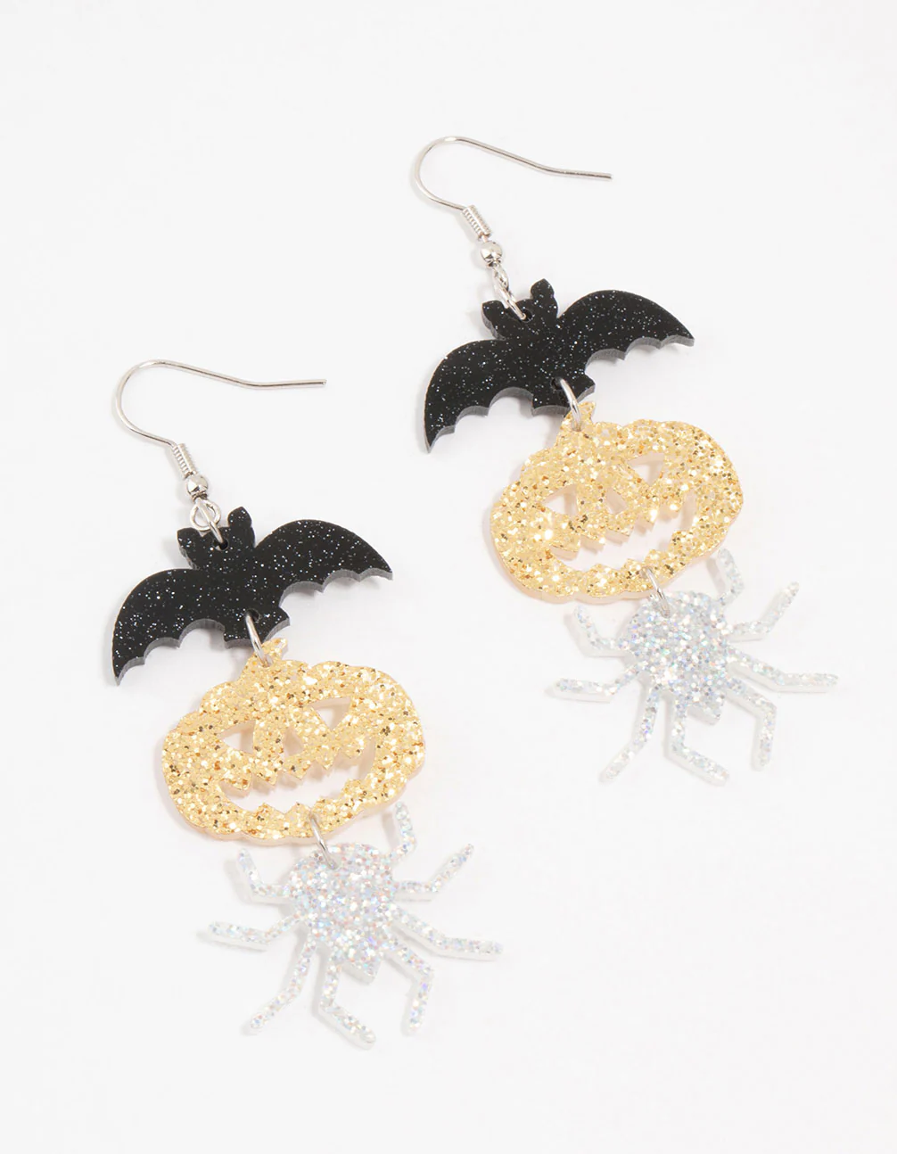 1683-acrylic-glitter-bat-pumpkin-spider-drop-earrings-1.webp Acrylic Glitter Bat, Pumpkin & Spider Drop Earrings