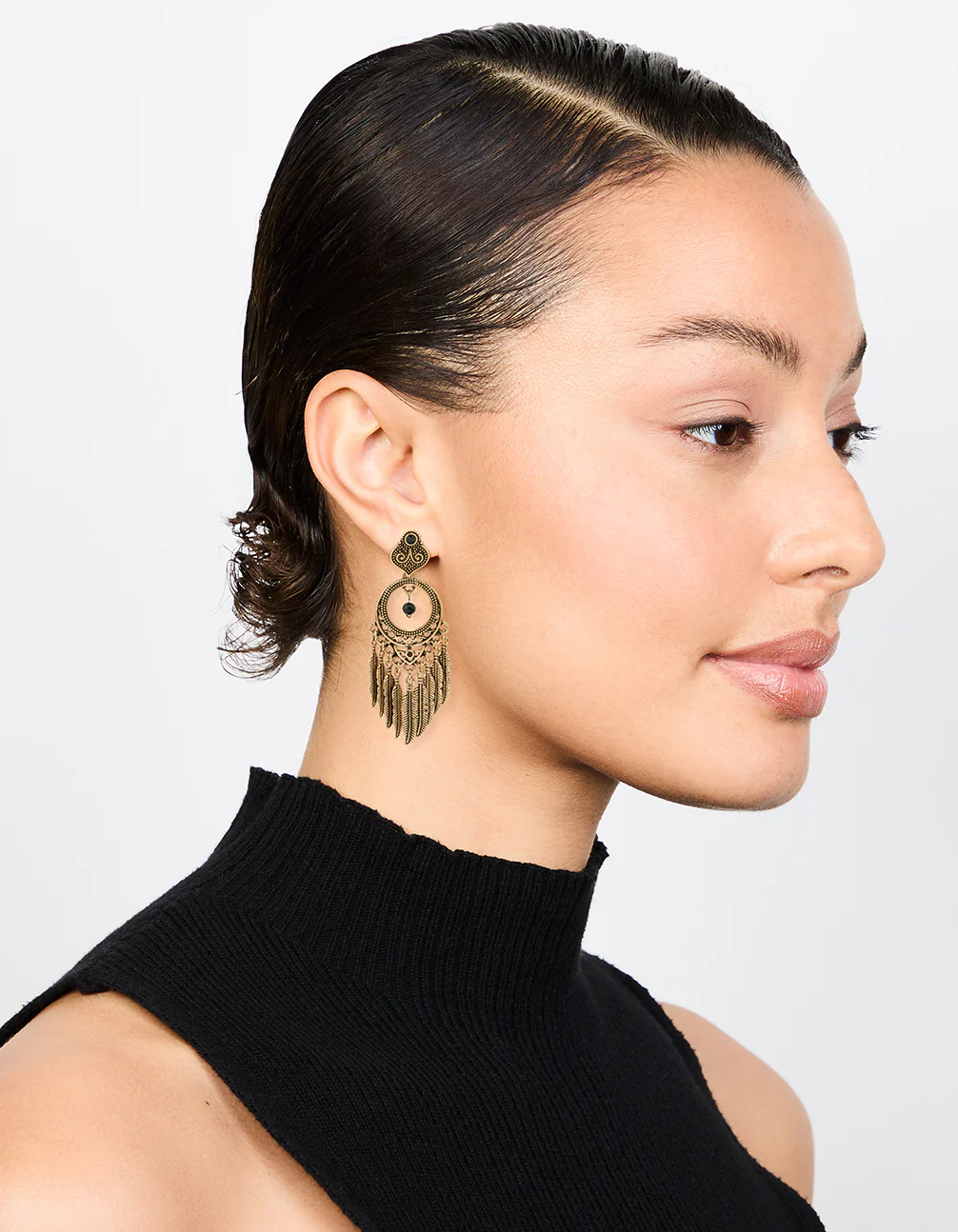 Antique Gold Black Patterned Dreamcatcher Tassel Drop Earrings