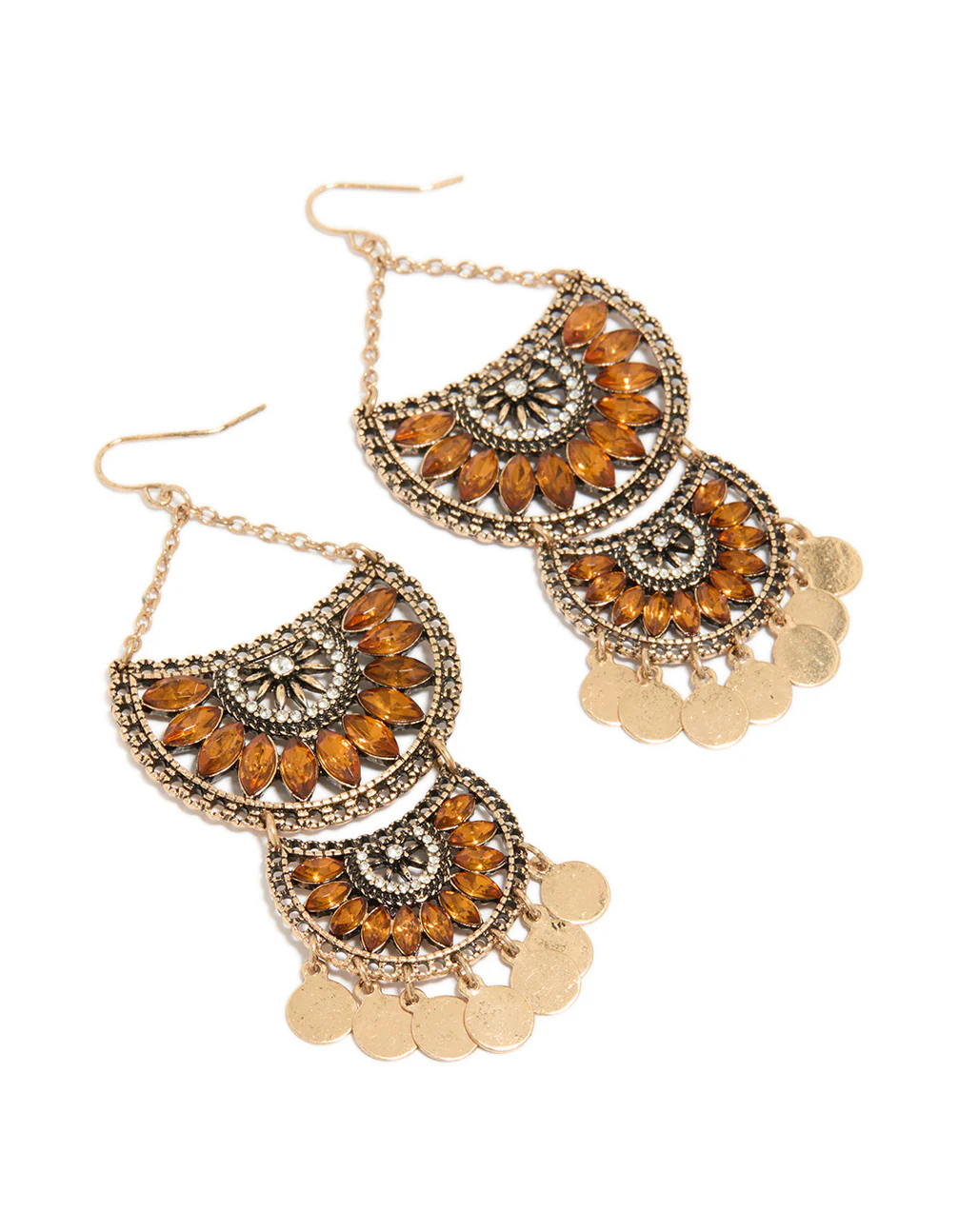 1854-antique-gold-orange-diamante-statement-coin-drop-earrings-1.webp Antique Gold Orange Diamante Statement Coin Drop Earrings