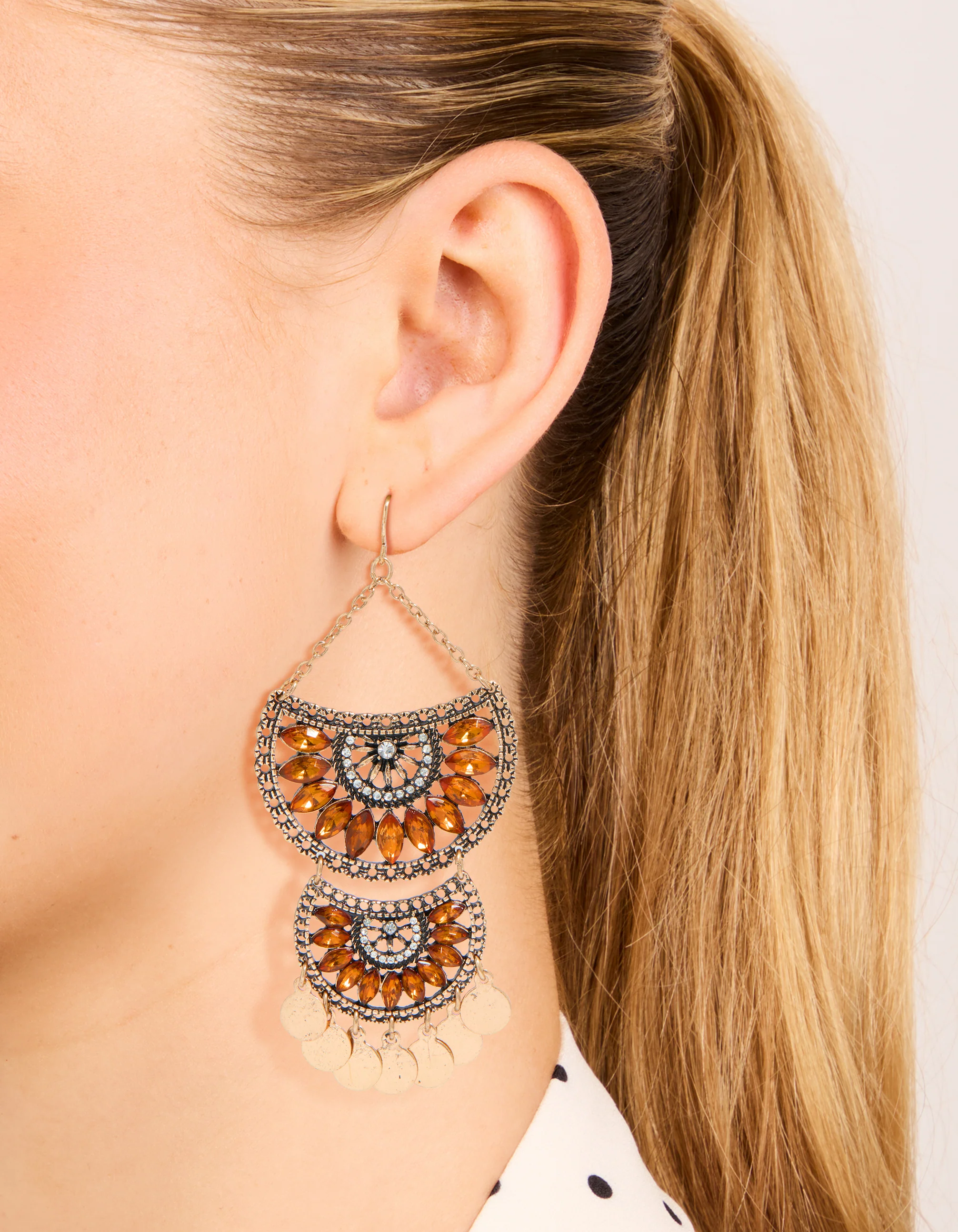 1854-antique-gold-orange-diamante-statement-coin-drop-earrings-2.webp Antique Gold Orange Diamante Statement Coin Drop Earrings