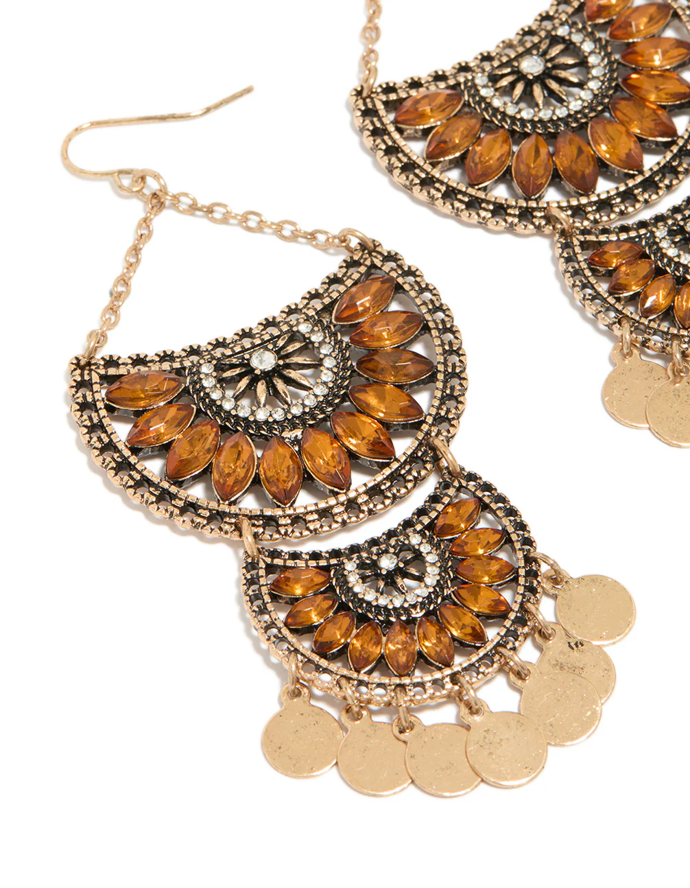 1854-antique-gold-orange-diamante-statement-coin-drop-earrings-4.webp Antique Gold Orange Diamante Statement Coin Drop Earrings