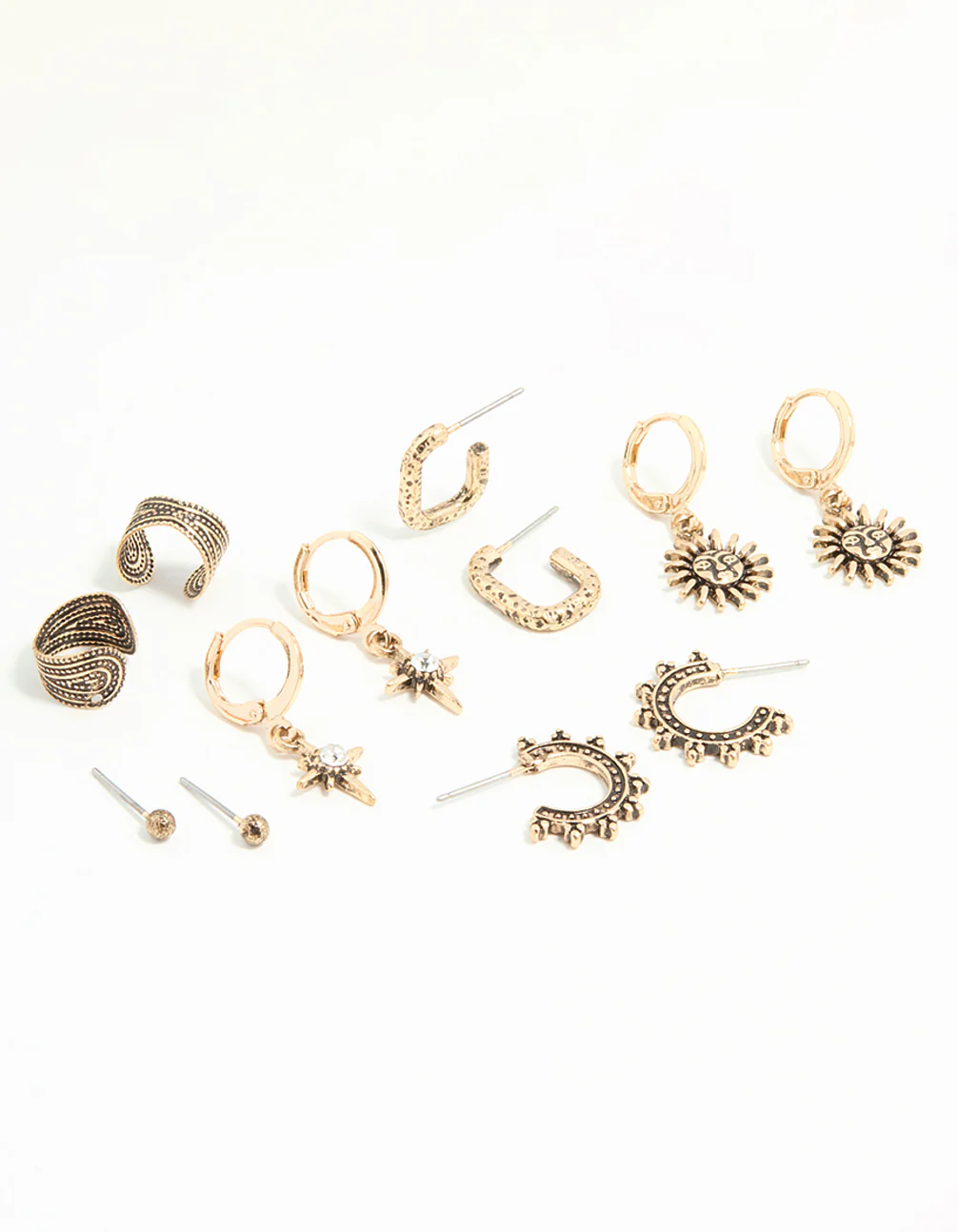 1884-antique-gold-sun-star-huggie-stud-earrings-6-pack-1.webp Antique Gold Sun & Star Huggie & Stud Earrings 6-Pack