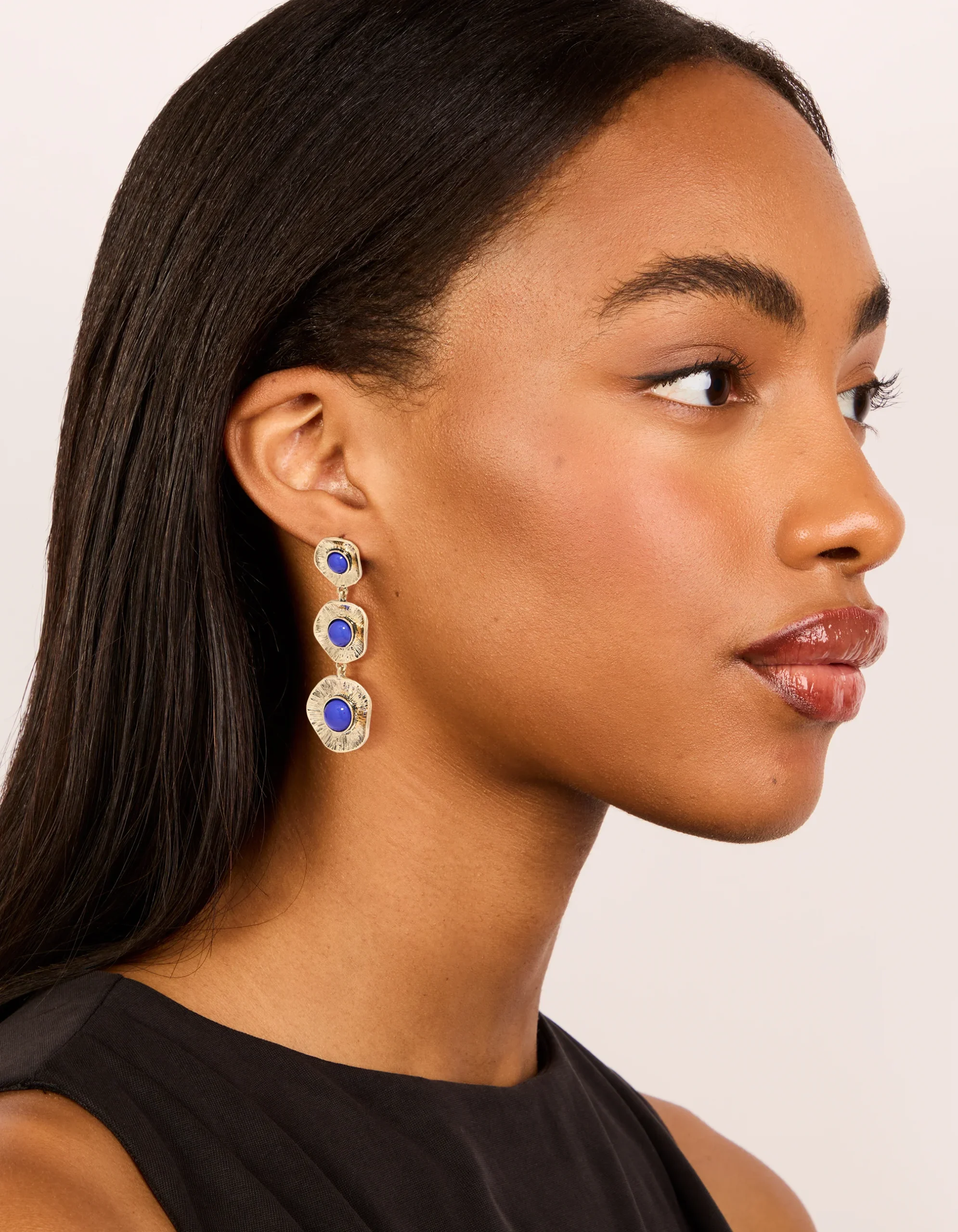 Antique Gold Textured Triple Blue Stone Layered Drop Earrings