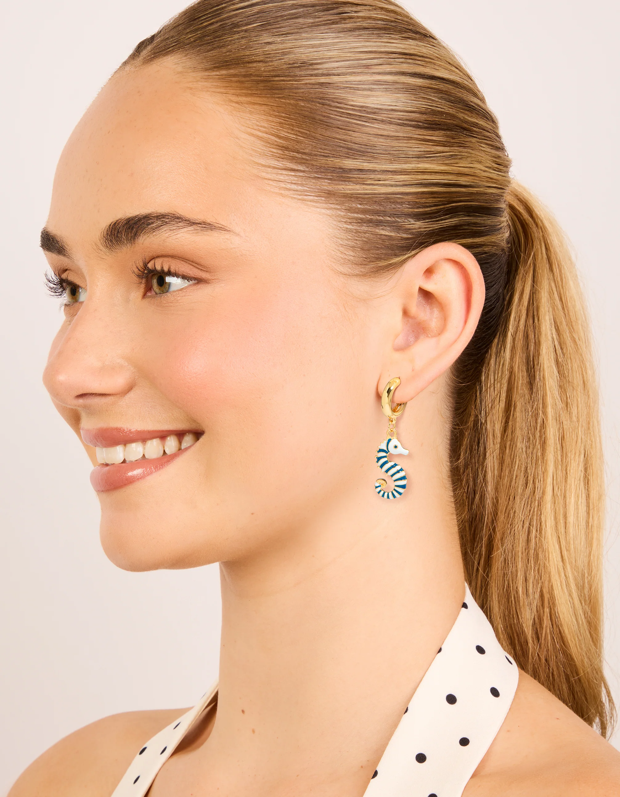 Gold Blue & White Seahorse Open Hoop Earrings