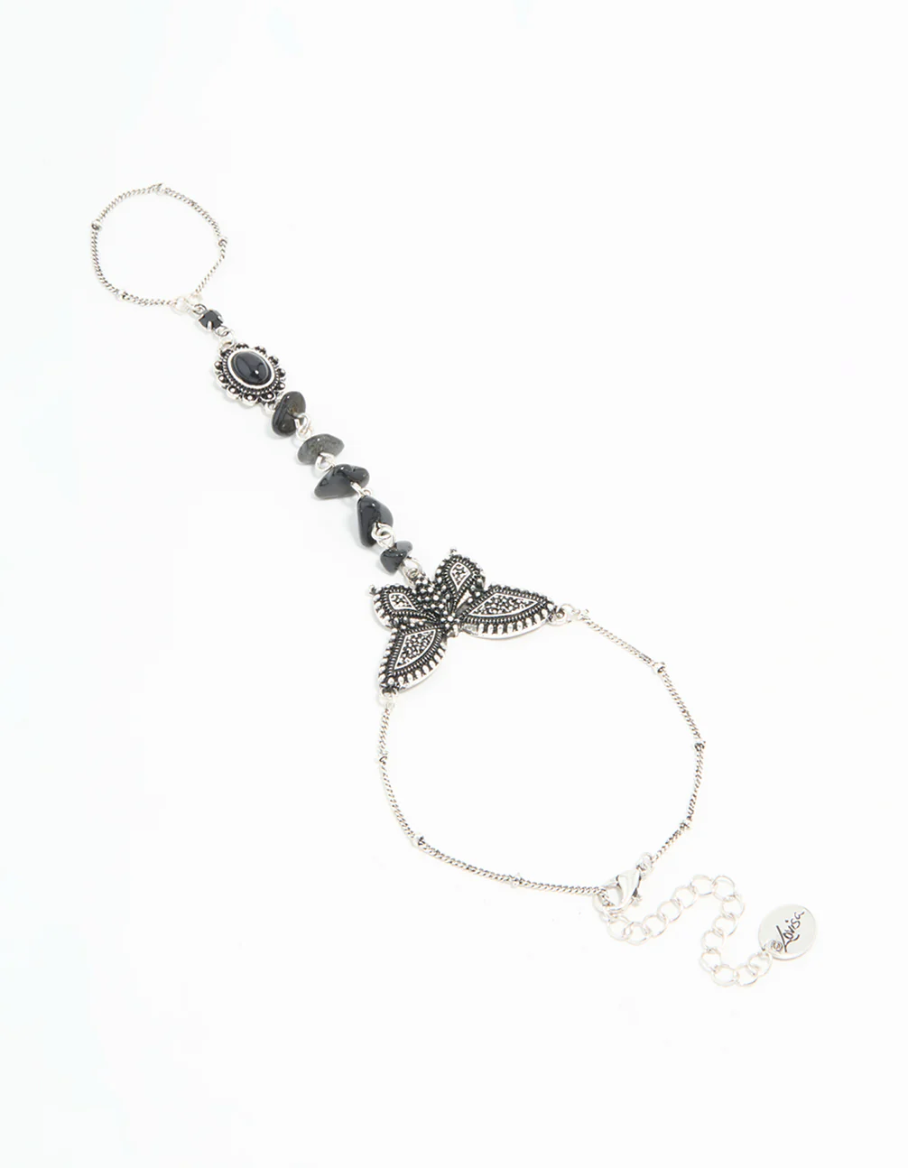 1909-antique-silver-black-stone-butterfly-hand-chain-1.webp Antique Silver Black Stone & Butterfly Hand Chain