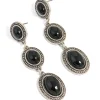 Antique Silver Black Stone Textured Circle Drop Earrings
