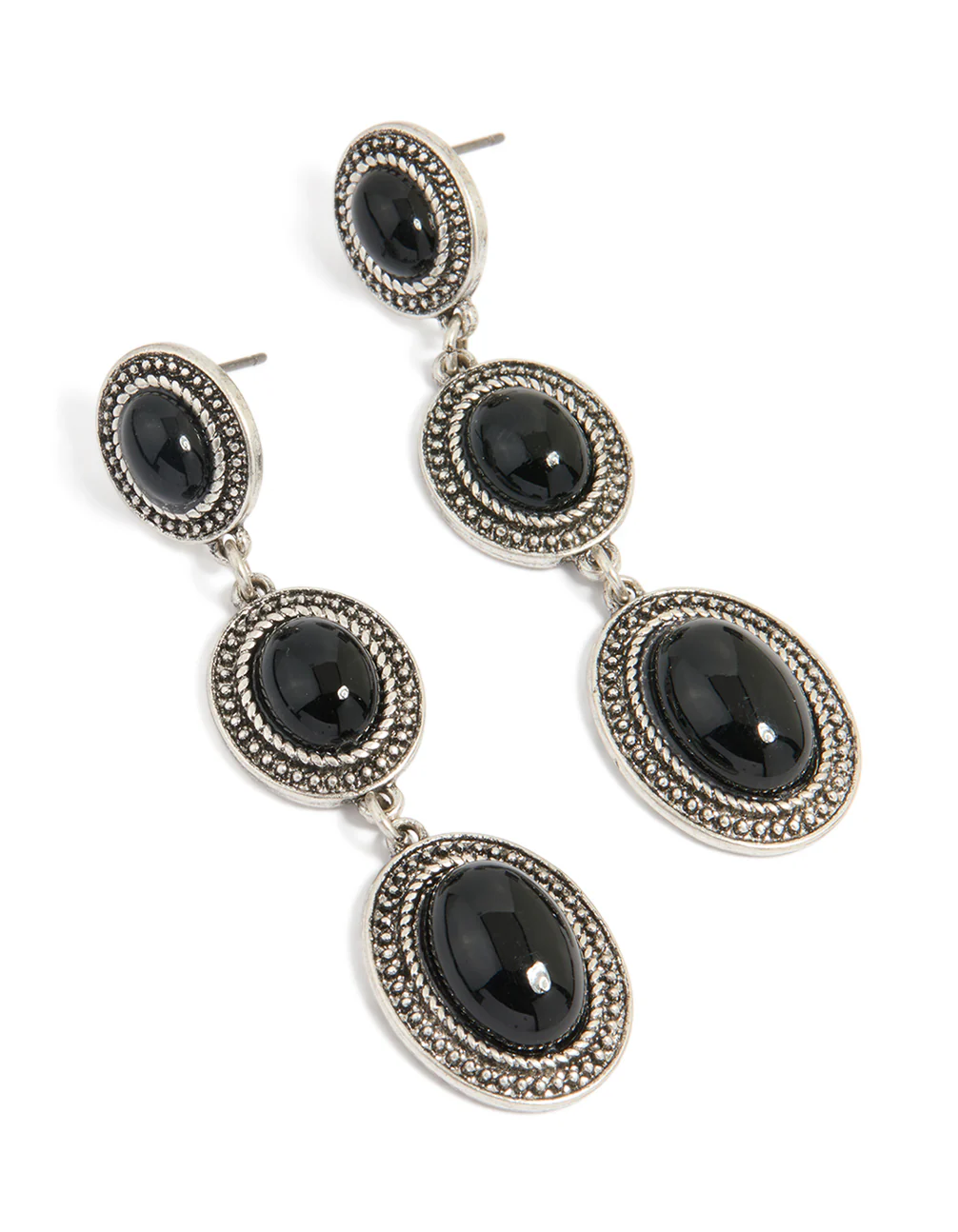 Antique Silver Black Stone Textured Circle Drop Earrings