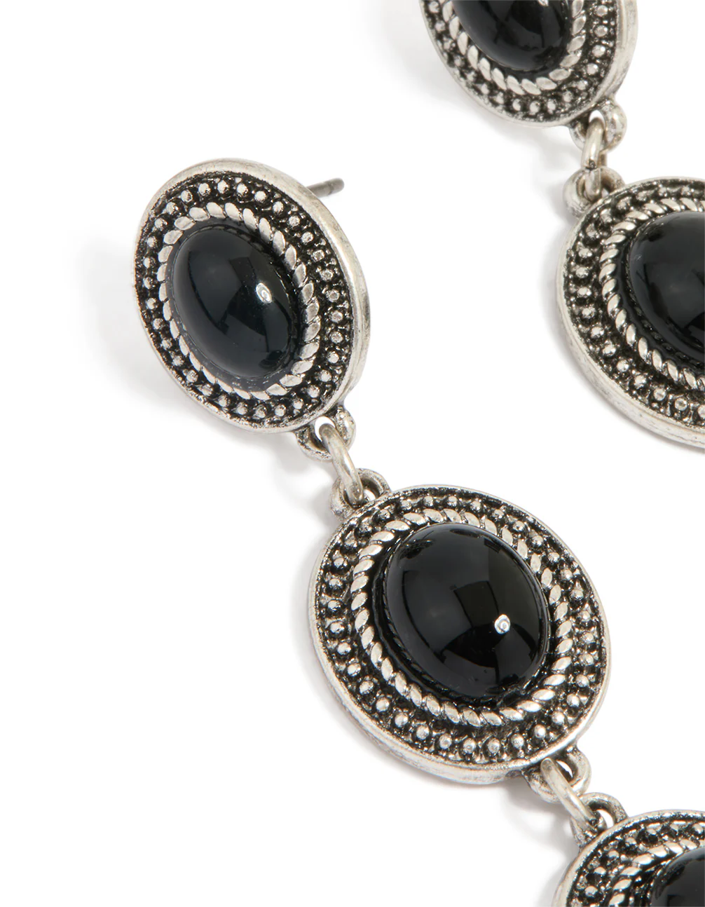 Antique Silver Black Stone Textured Circle Drop Earrings