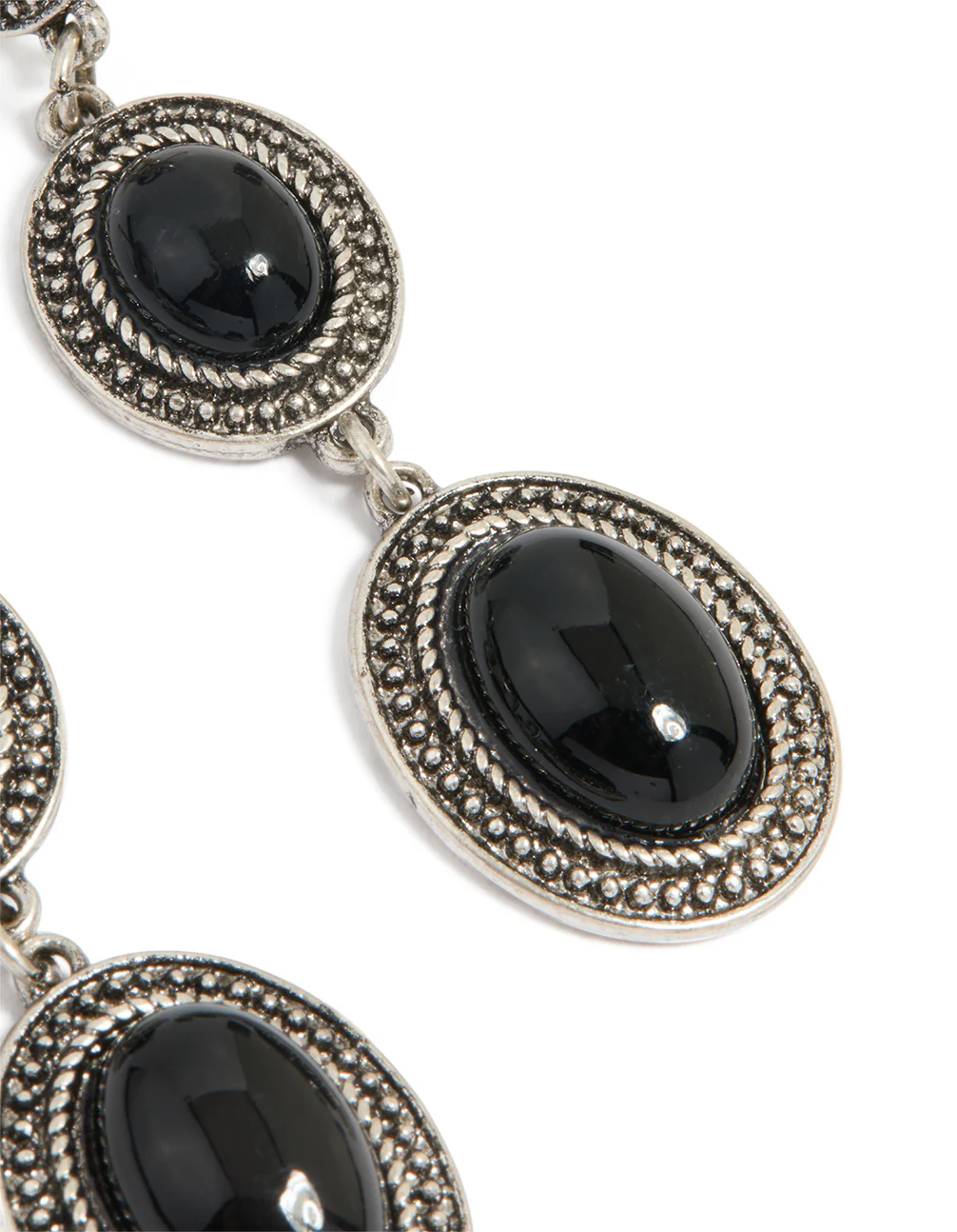 Antique Silver Black Stone Textured Circle Drop Earrings