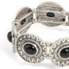 Antique Silver Black Stone Textured Large Stretch Bracelet