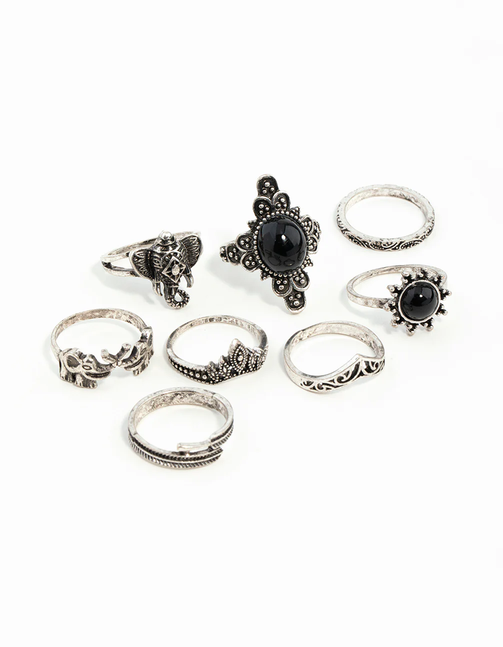 1923-s-m-s-m-variation-1.webp Antique Silver Boho Elephant Style Rings 8-Pack