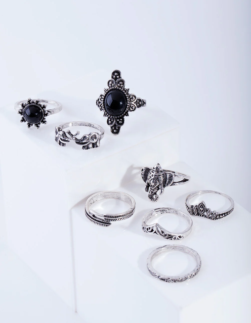 1923-s-m-s-m-variation-4.webp Antique Silver Boho Elephant Style Rings 8-Pack