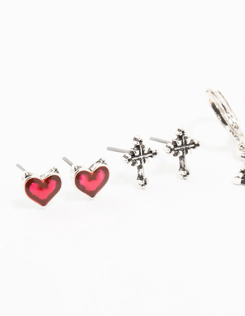 1928-antique-silver-cross-heart-earrings-4-pack-2.webp Antique Silver Cross & Heart Earrings 4-Pack