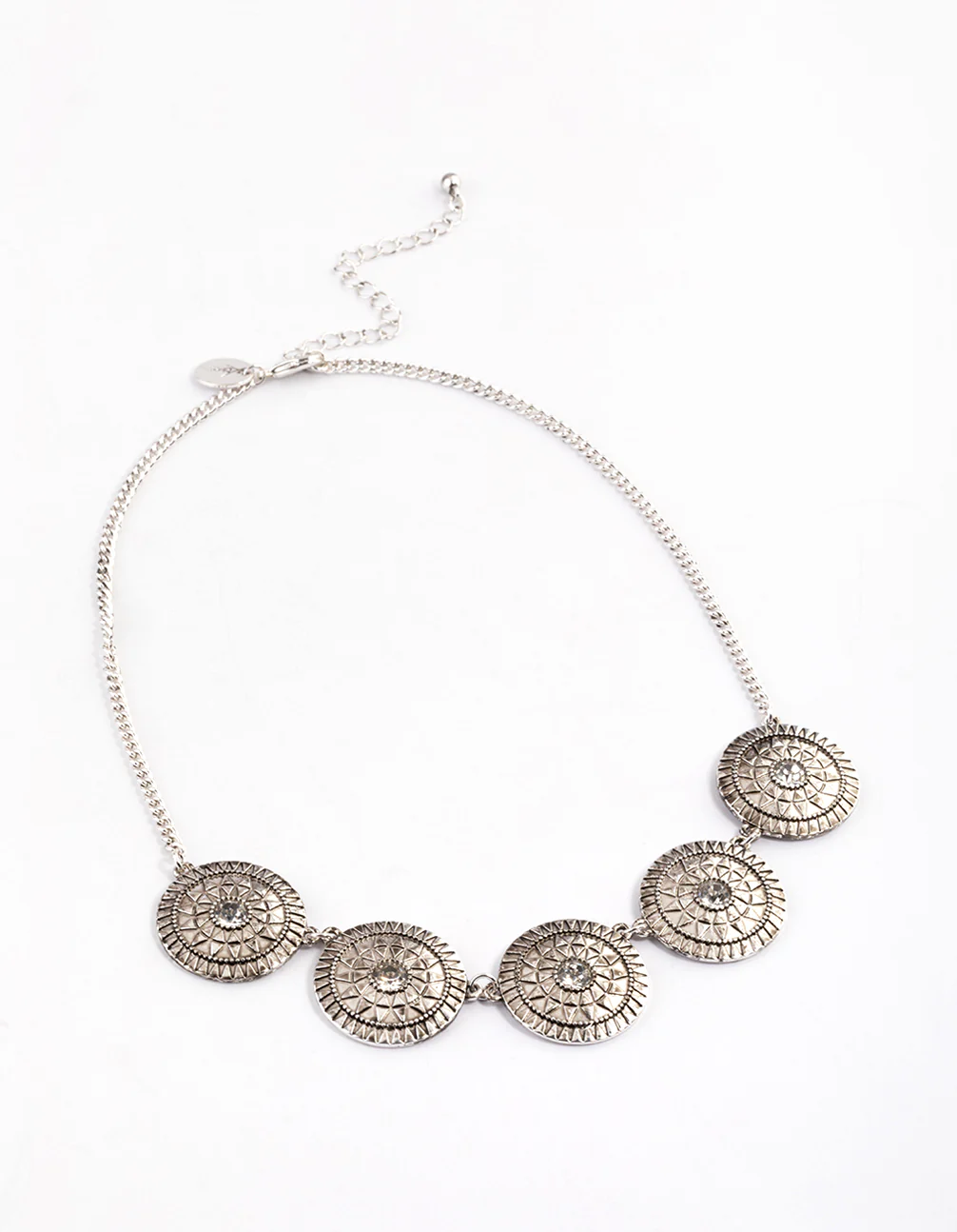 Antique Silver Diamante Pattern Disc Necklace