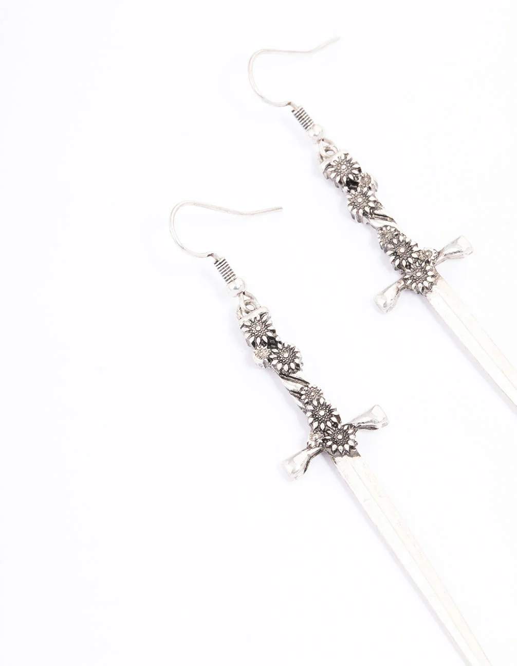 1945-antique-silver-floral-sword-drop-earrings-2.webp Antique Silver Floral Sword Drop Earrings