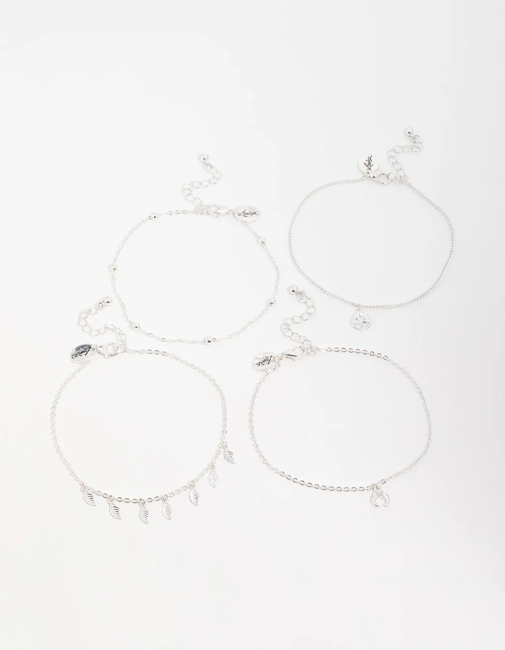 Antique Silver Leaf & Station Anklets 4-Pack