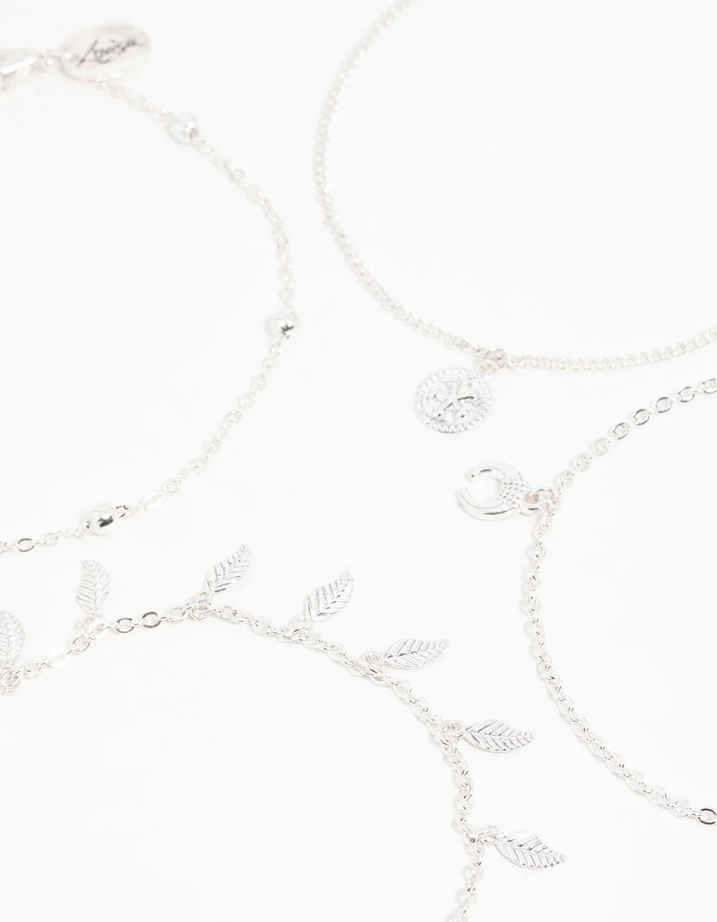 Antique Silver Leaf & Station Anklets 4-Pack