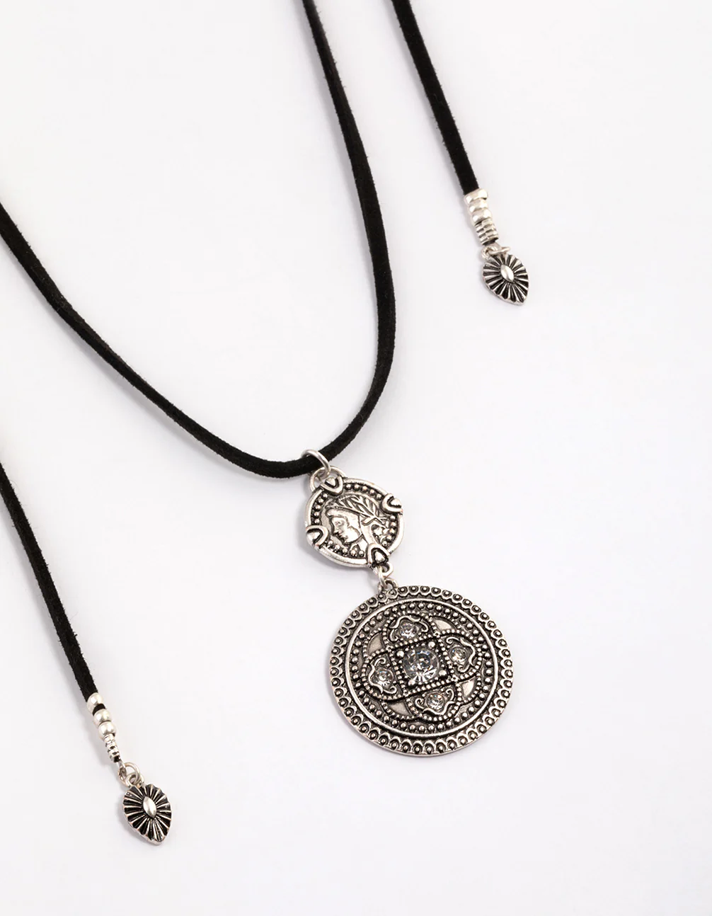 1961-antique-silver-multi-disc-suede-cord-layered-necklace-1.webp Antique Silver Multi Disc Suede Cord Layered Necklace