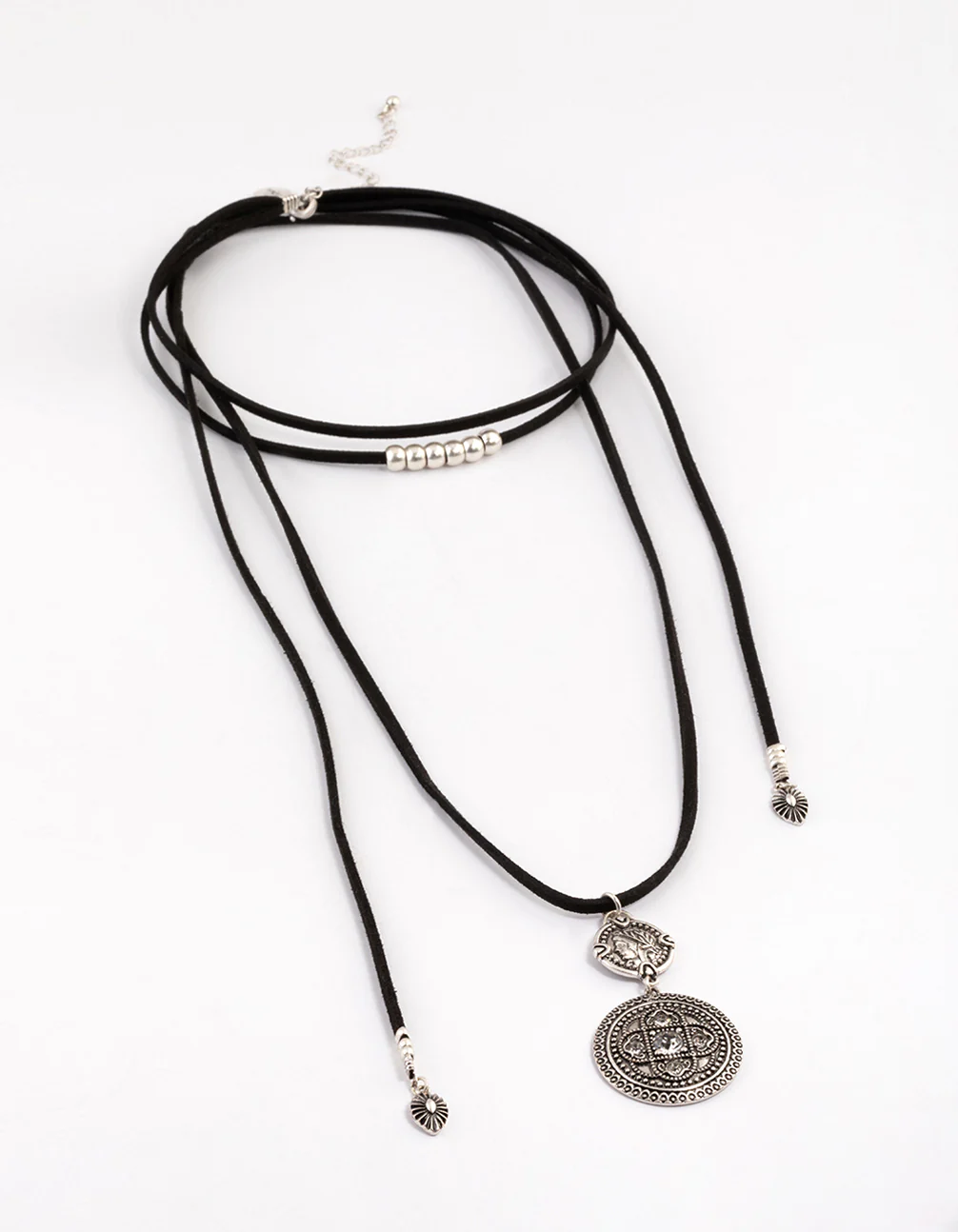 1961-antique-silver-multi-disc-suede-cord-layered-necklace-2.webp Antique Silver Multi Disc Suede Cord Layered Necklace