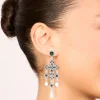 Antique Silver Pearl & Black Stone Textured Cross Drop Earrings
