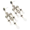 Antique Silver Pearl & Black Stone Textured Cross Drop Earrings