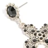 Antique Silver Pearl & Black Stone Textured Cross Drop Earrings