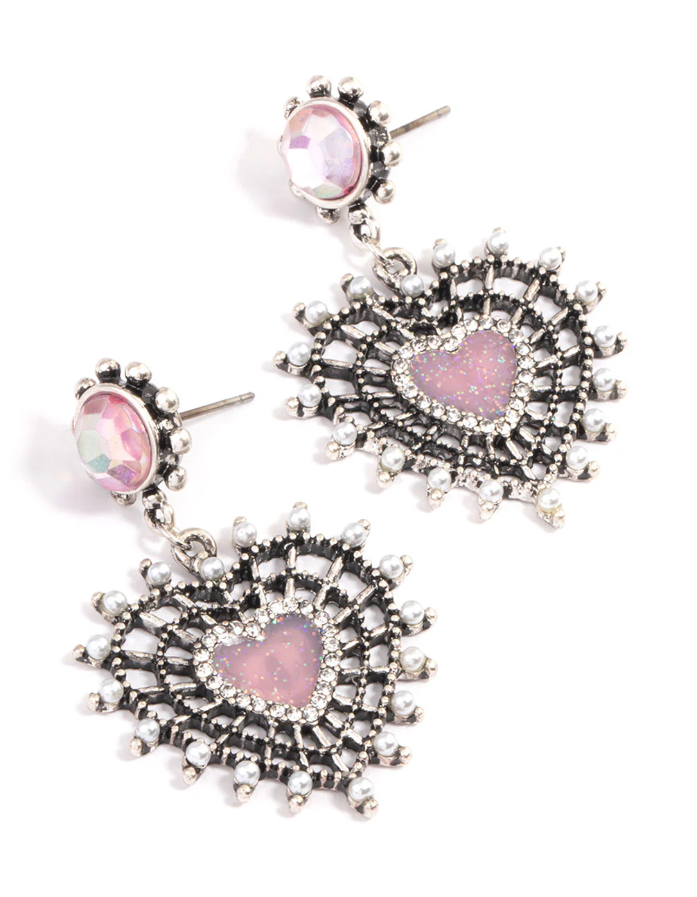 1968-antique-silver-pink-sparkle-heart-earrings-1.webp Antique Silver Pink Sparkle Heart Earrings